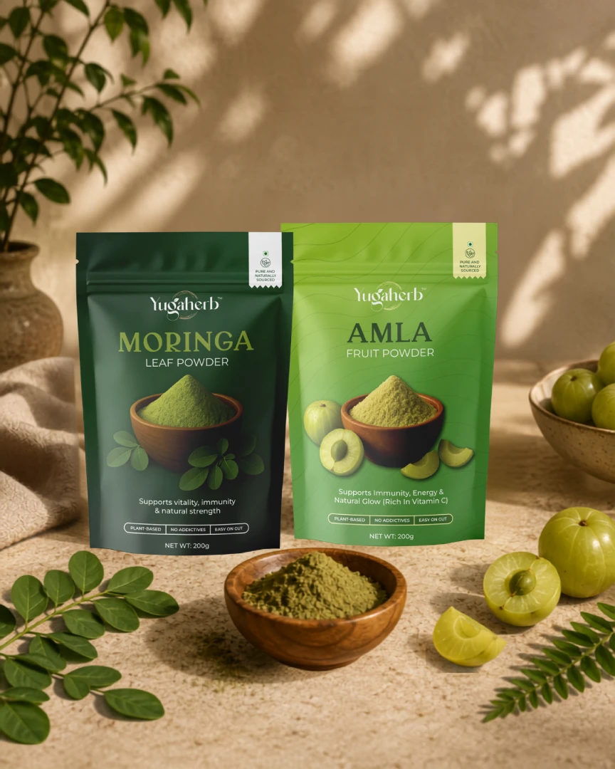 Yugaherb Moringa and Amla herbal wellness products
