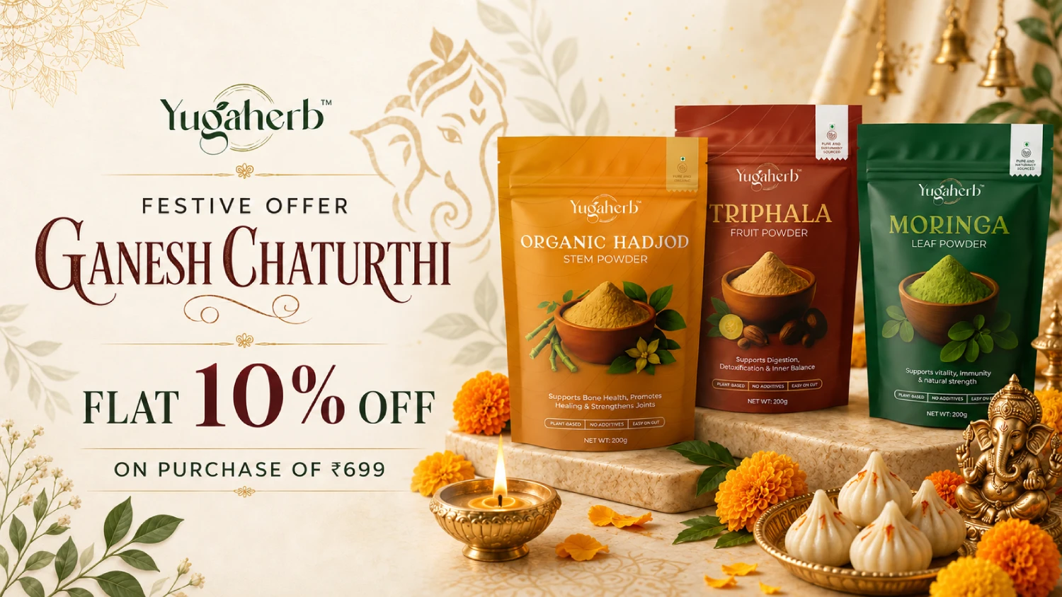 Yugaherb Rakshabandhan Festive Offer - Flat 10% off on purchase of ₹699 - Organic Hadjod Stem Powder, Triphala Fruit Powder, Moringa Leaf Powder