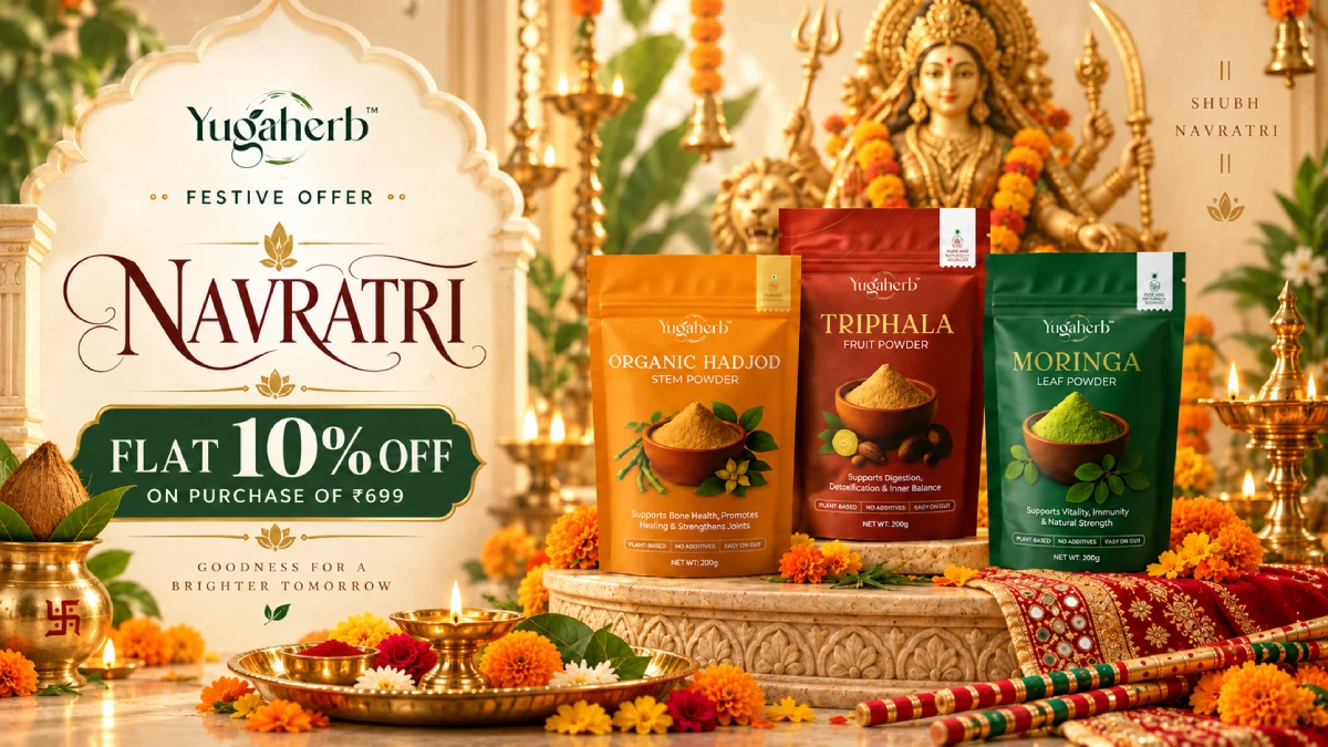 Yugaherb Navratri Festive Offer - Organic Hadjod Stem Powder, Triphala Fruit Powder, Moringa Leaf Powder